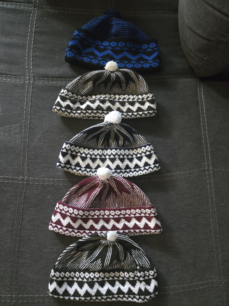 Set of 5 Knitted kufi Beanies with Pom Poms