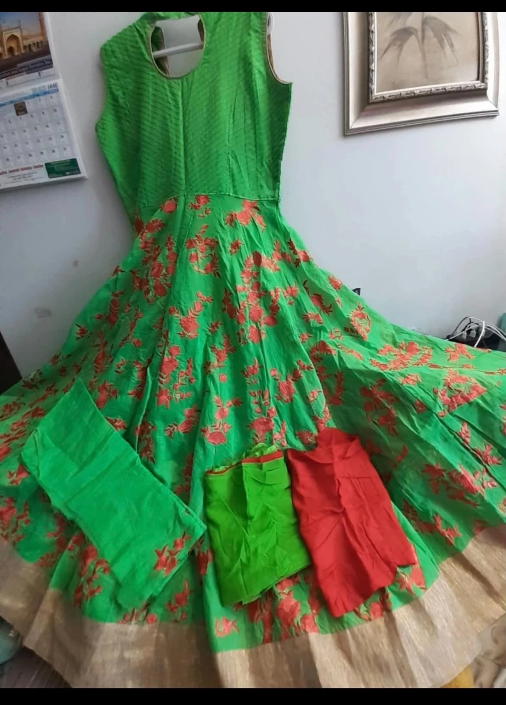 Bright Green Floral Anarkali Dress with Gold Border - photo 2