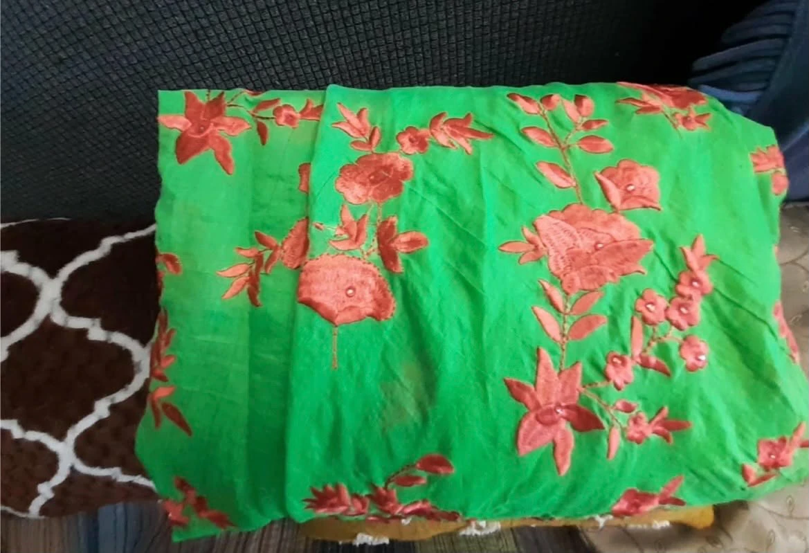 Bright Green Floral Anarkali Dress with Gold Border - photo 4