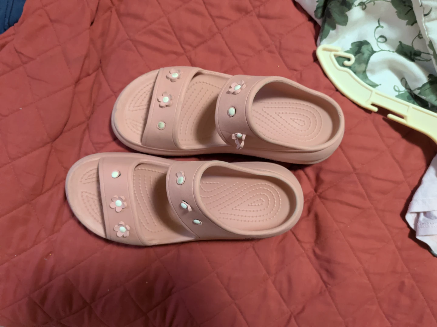 Oofos Pink Slides with Flower Embellishments
