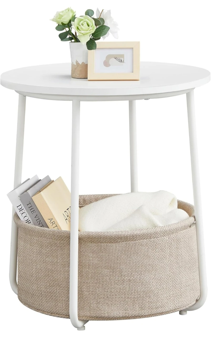 VASAGLE White Round End Table with Storage Basket