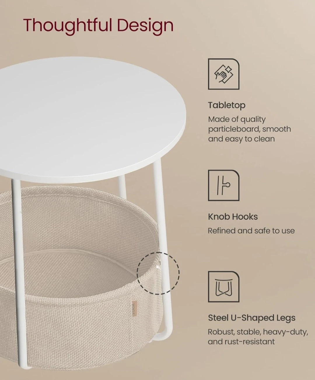 VASAGLE White Round End Table with Storage Basket - photo 4