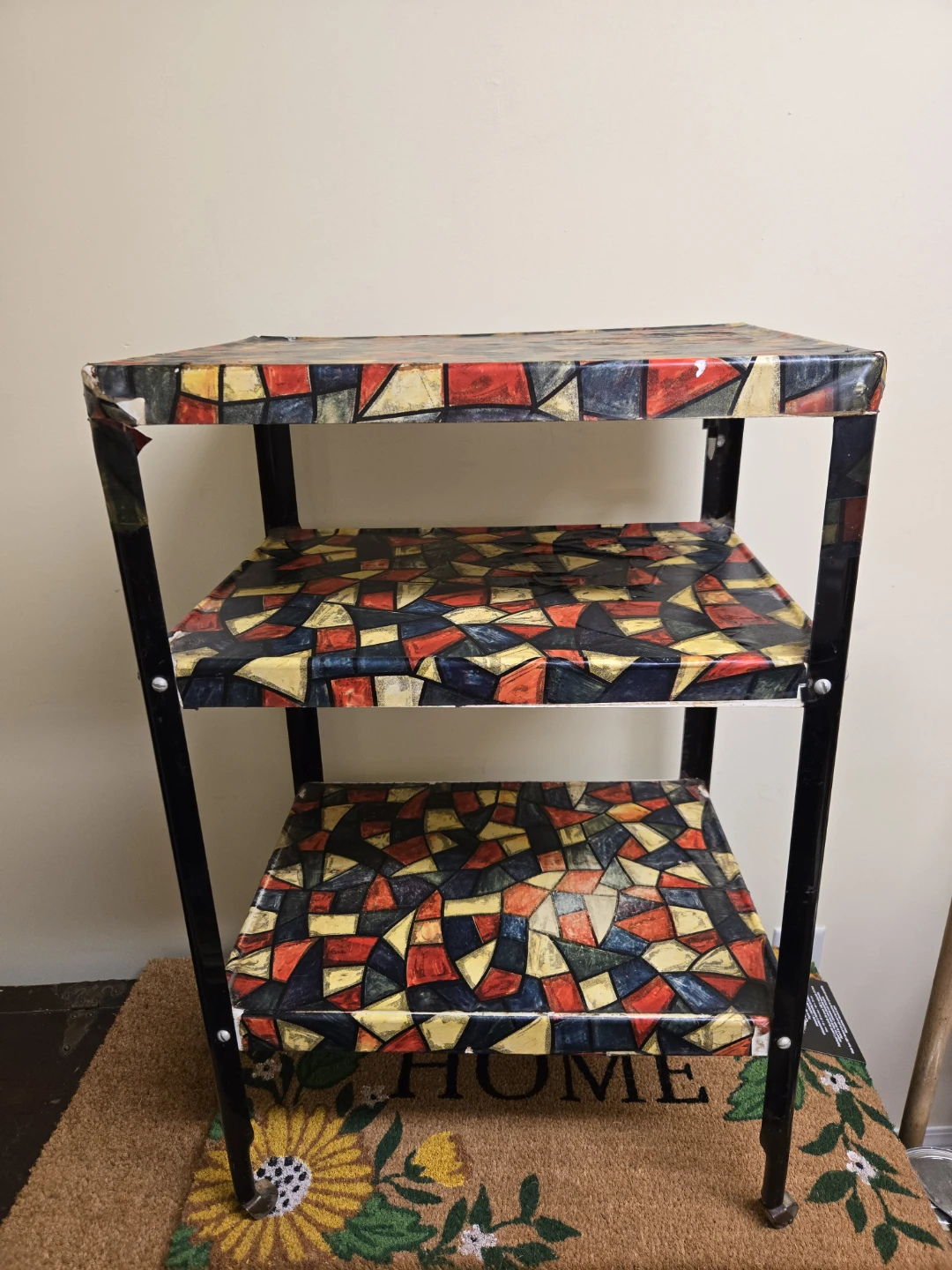 3-Tiered Metal Shelf Unit with Abstract Design