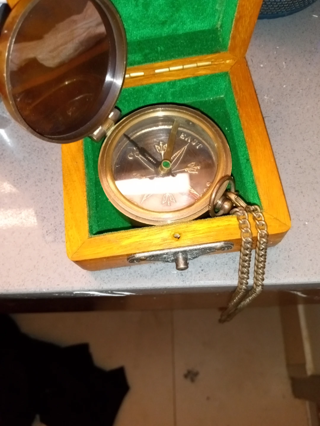 Vintage Brass Compass in Wooden Box with Chain - photo 2