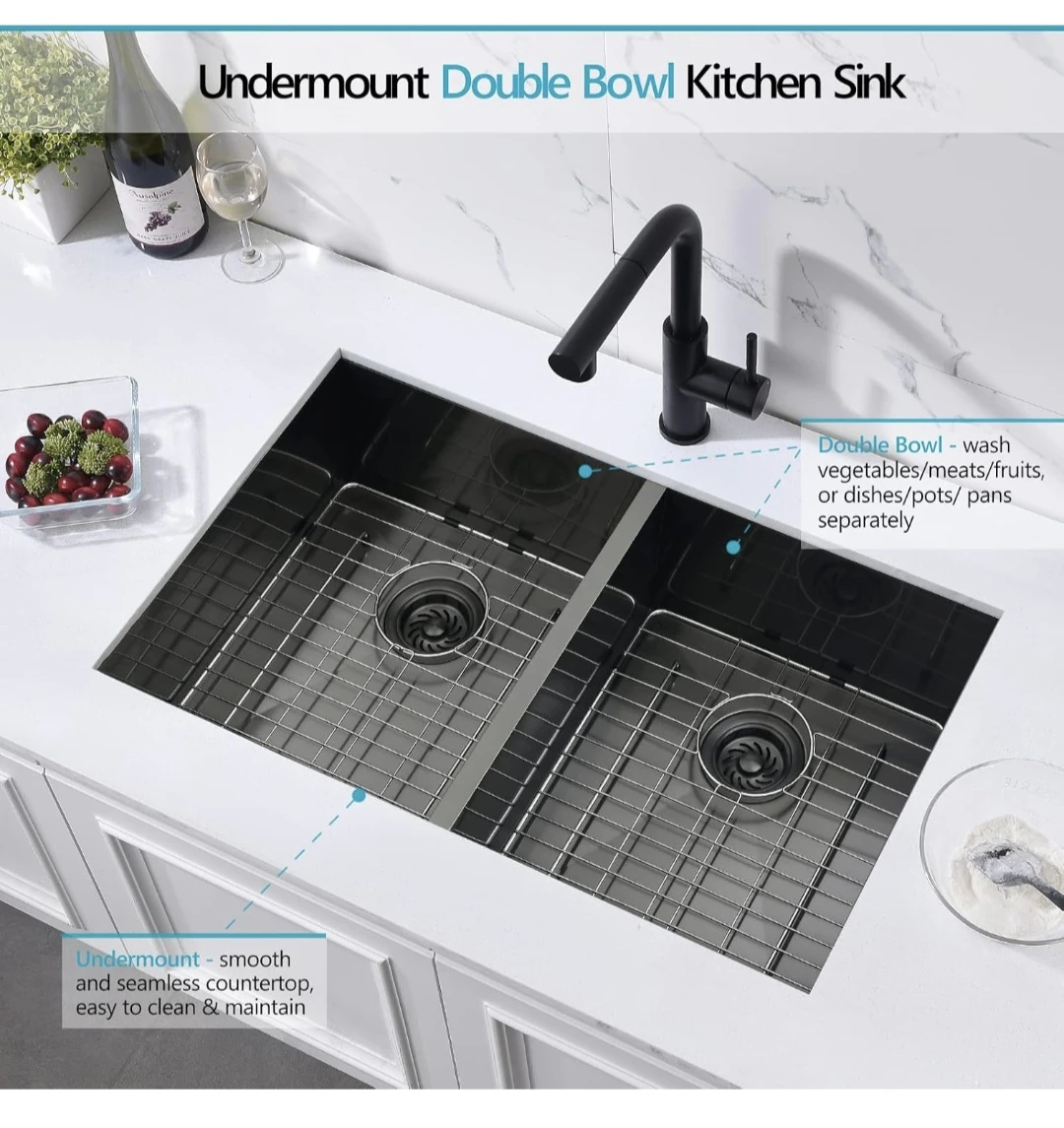 ZHHT Undermount Double Bowl Black Kitchen Sink - photo 3