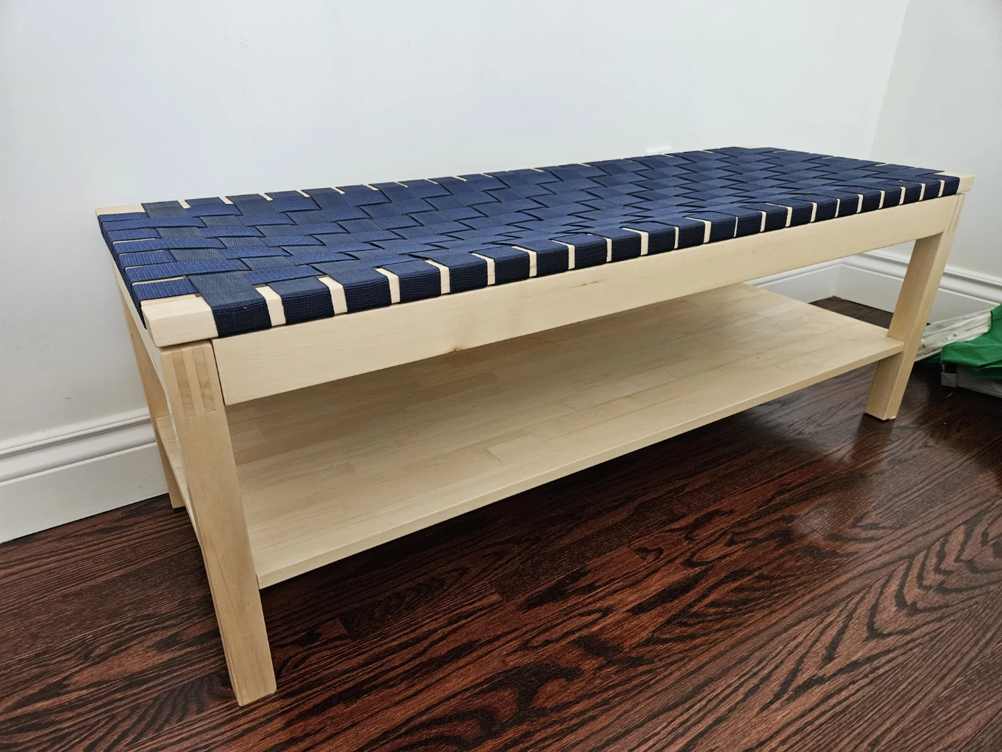 Wooden Bench with Blue Woven Seat and Shelf