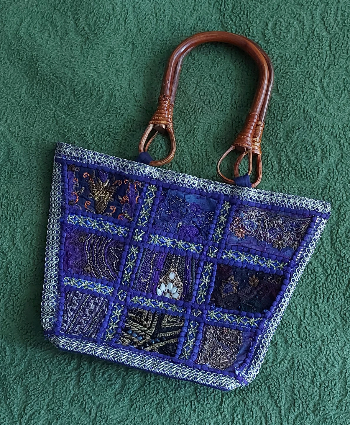 Blue Patchwork Tote Bag with Wooden Handles