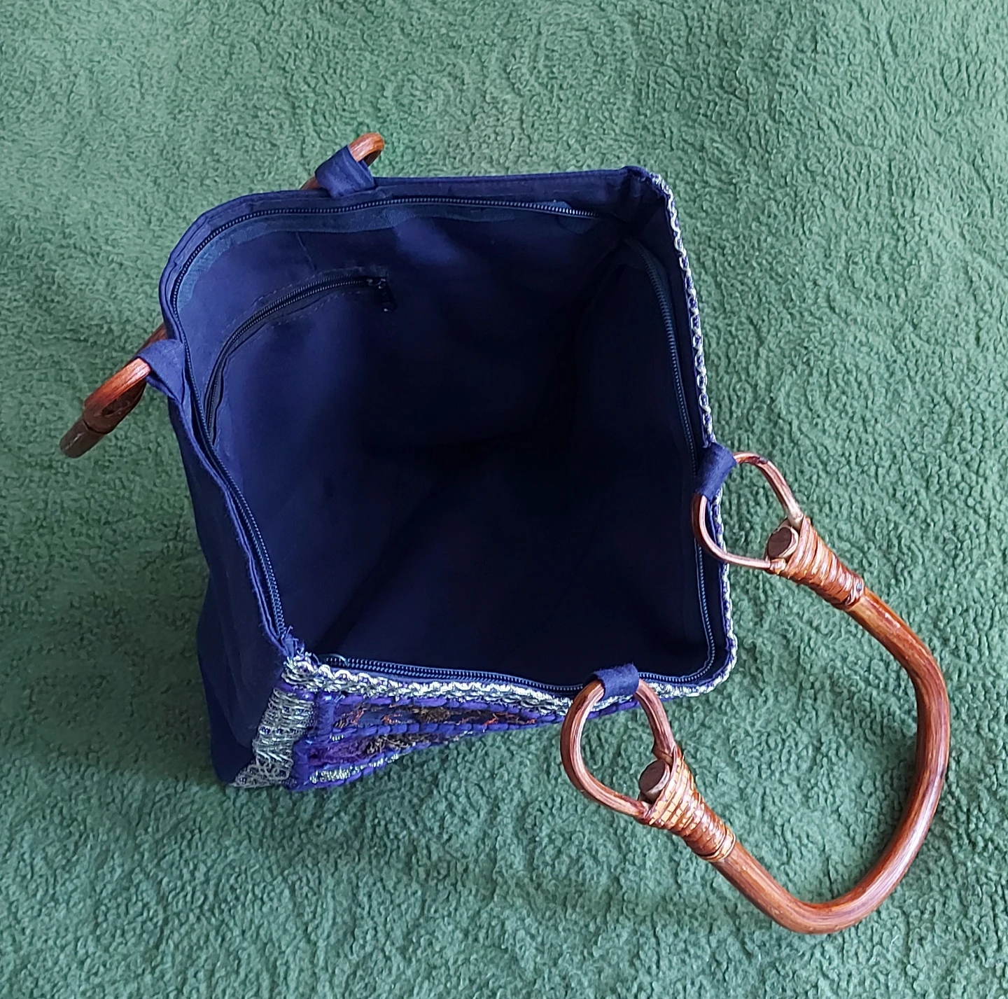 Blue Patchwork Tote Bag with Wooden Handles - photo 3