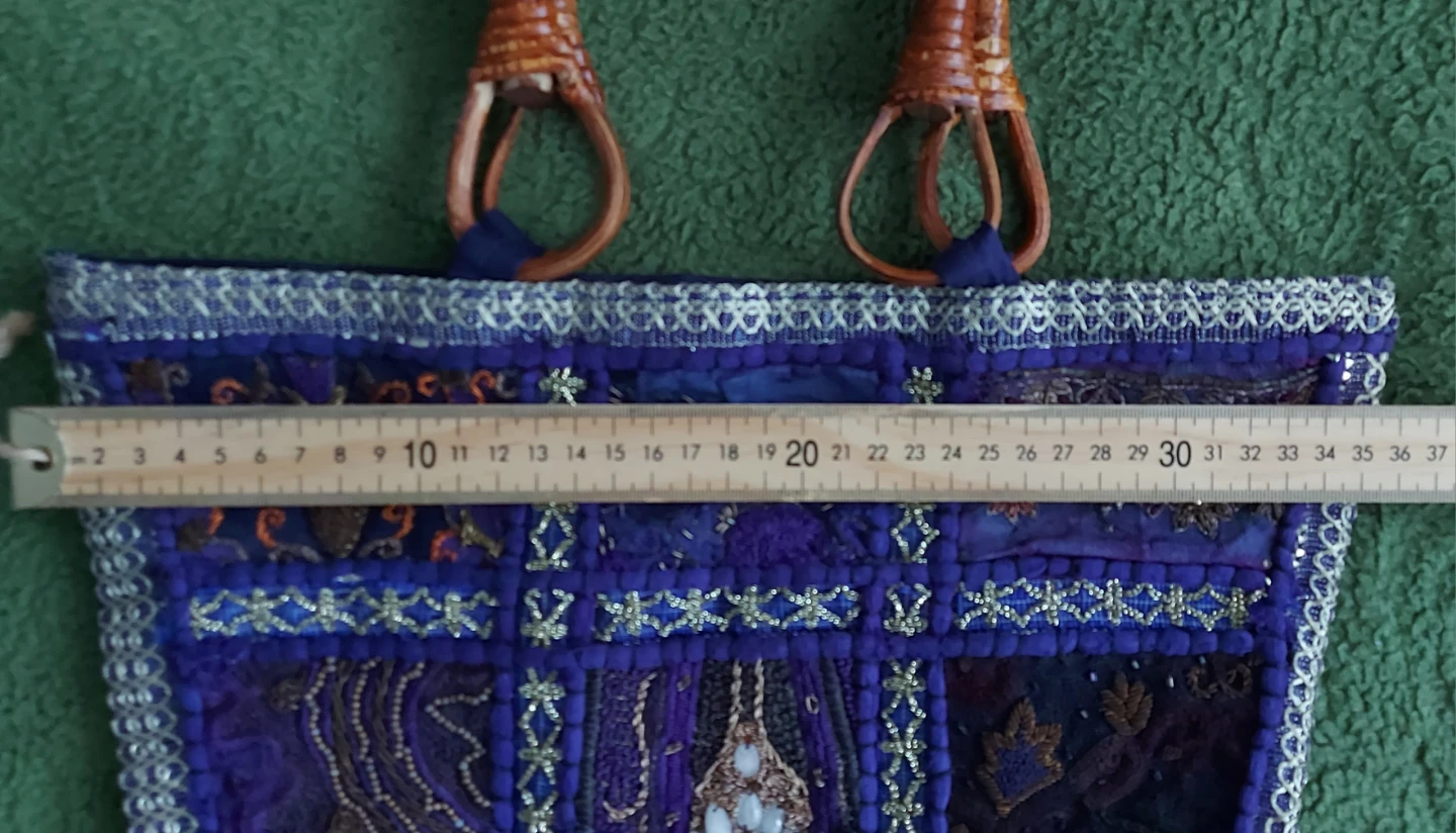Blue Patchwork Tote Bag with Wooden Handles - photo 4