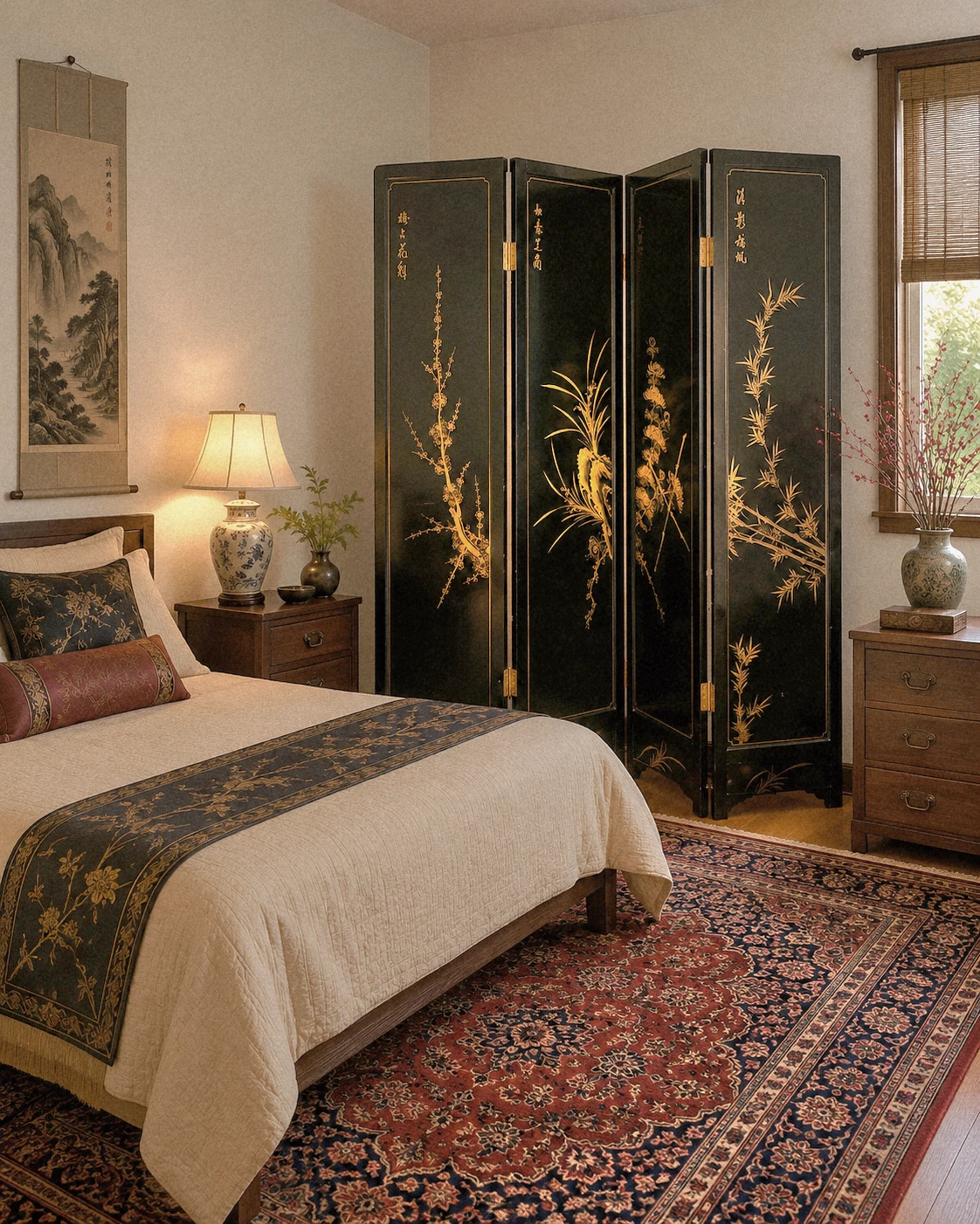 Large Vintage Double Sided Four Panel Partition/Room Divider