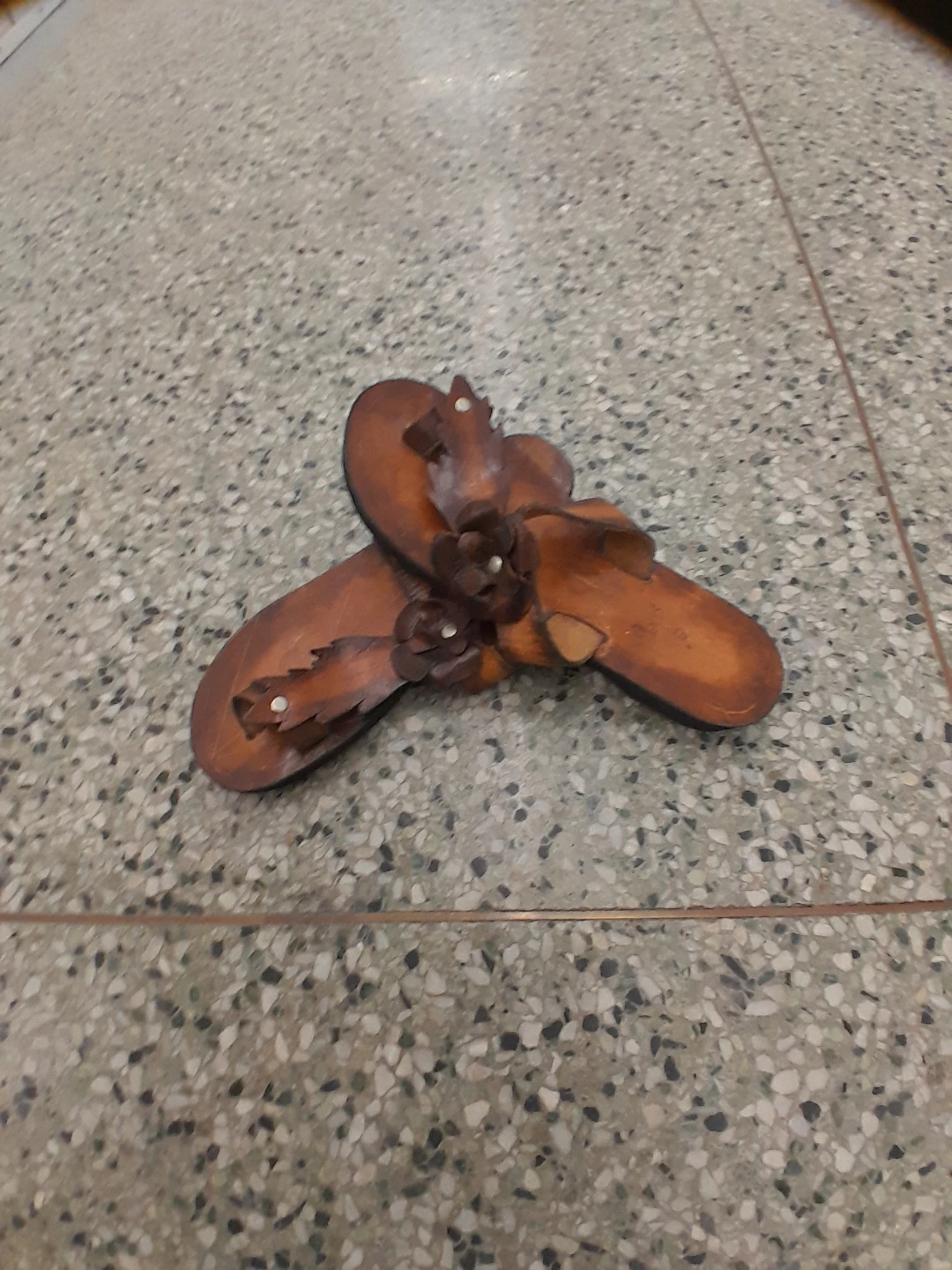 Brown Leather Thong Sandals with Flower Detail Size 9
