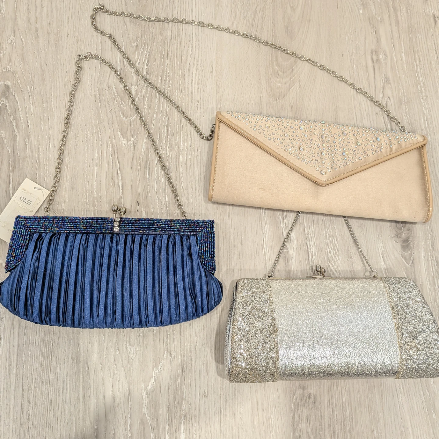 3 Evening Clutch Purses - Silver, Beige, and Blue