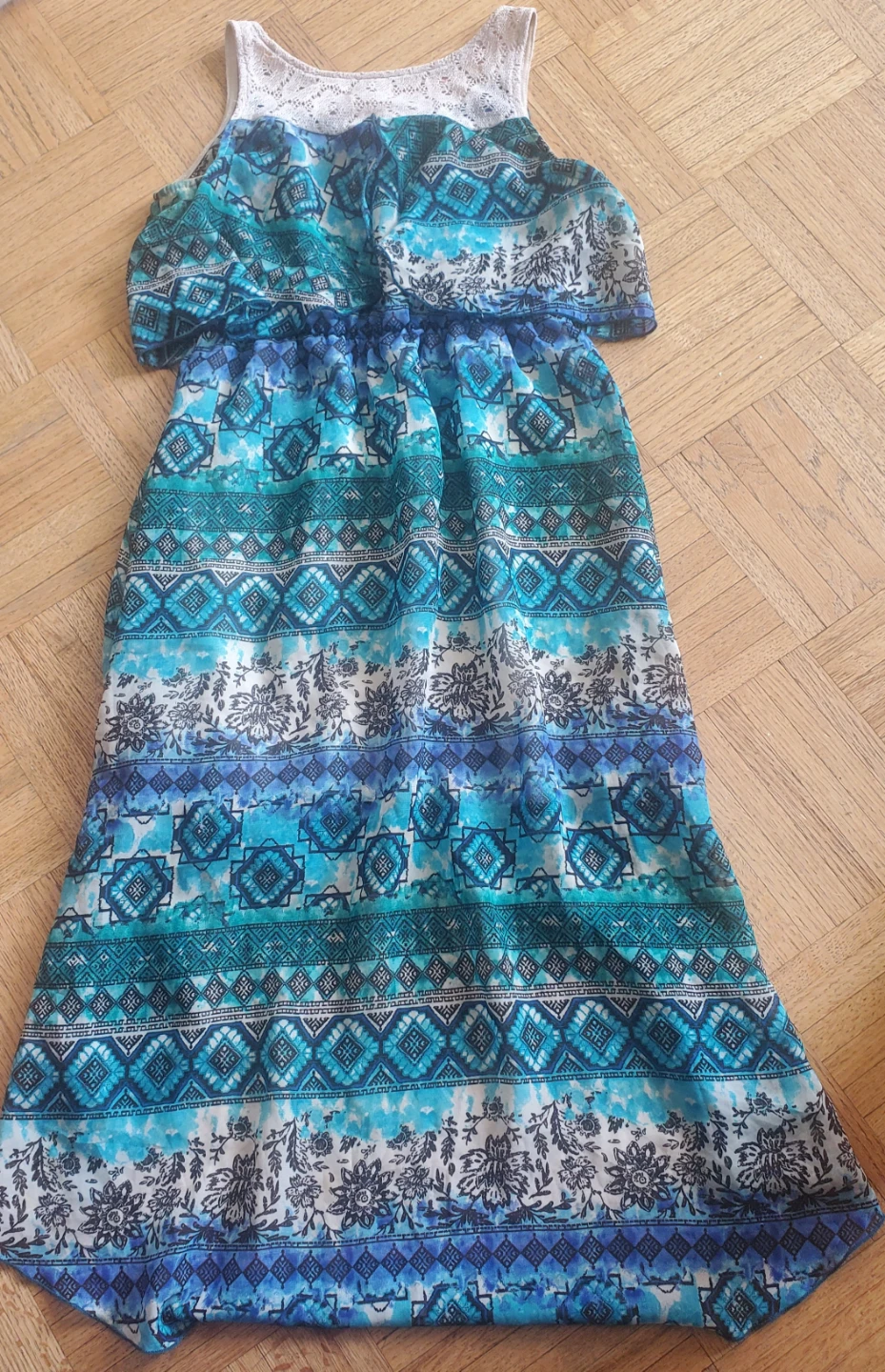 Women's Blue Patterned Maxi Dress with Lace Neckline