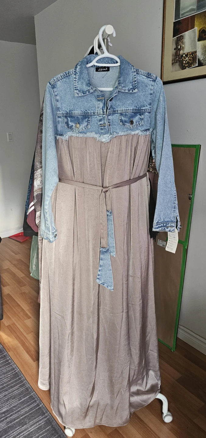 Denim & Satin Maxi Dress with Bow Detail