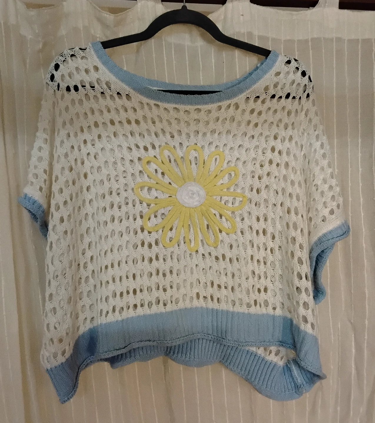 Crocheted White & Blue Flower Top