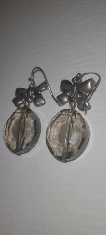 Silver Tone Bow Drop Earrings with Crystal Beads