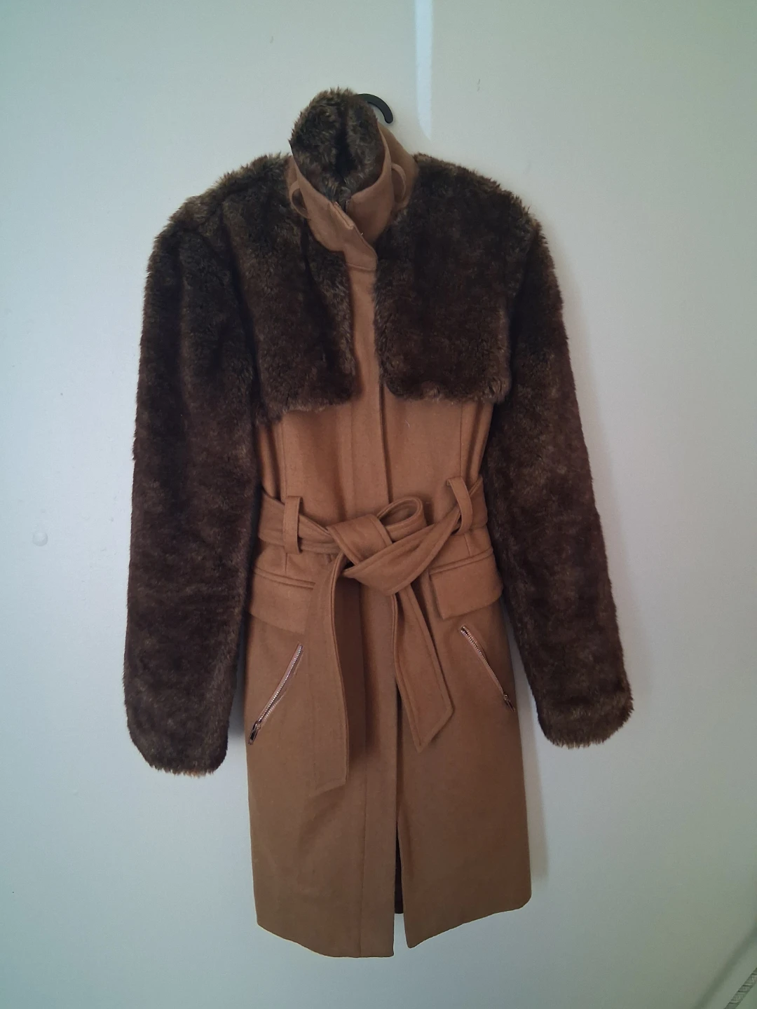 Alex + Alex Women's Tan Faux Fur Trimmed Coat Size S