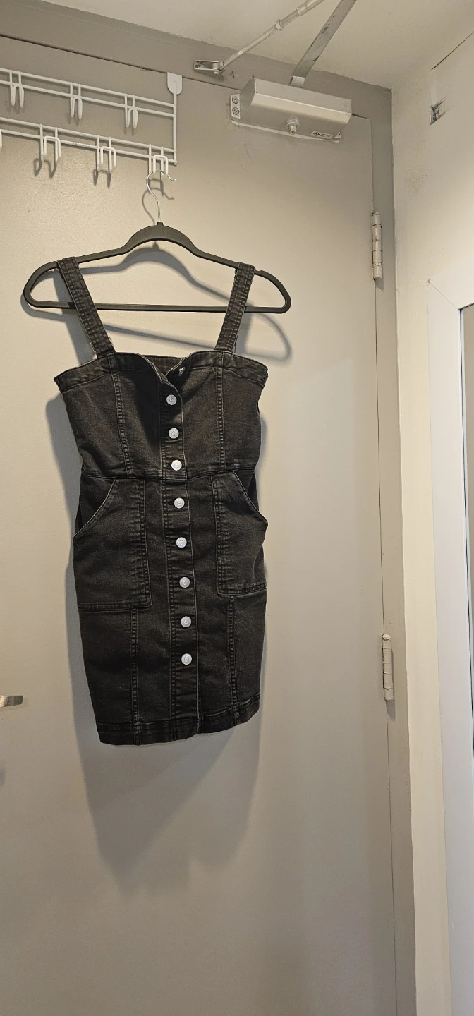 H&M Divided Black Denim Button-Up Pinafore Dress XS