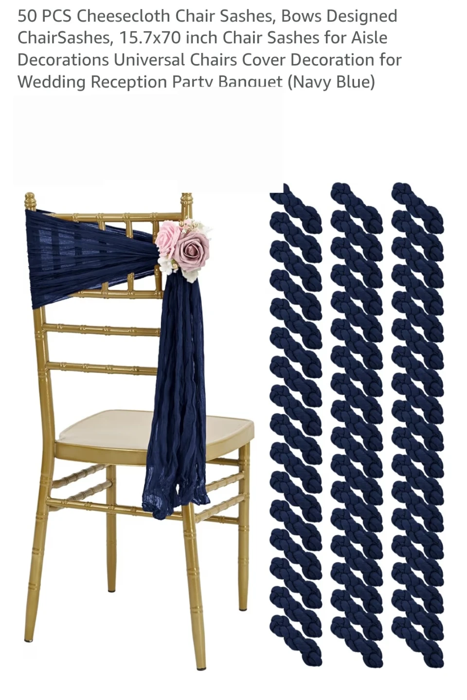 50 Pcs Navy Blue Cheescloth Chair Sashes 15.7x70 Inch