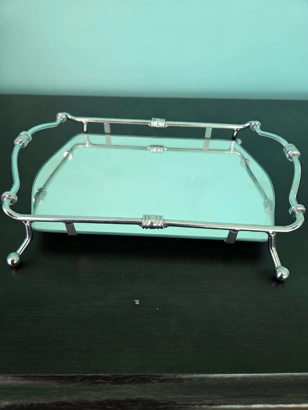 Silver-Tone Mirrored Tray with Handles