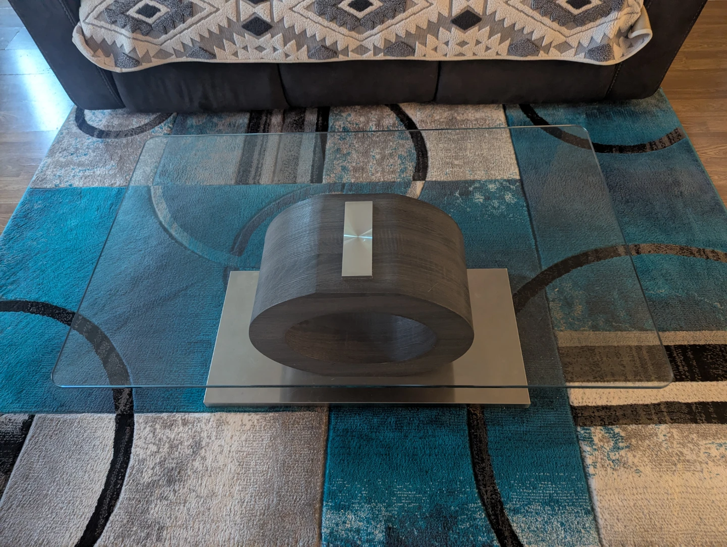 Modern Glass Coffee Table with Wooden Drum Base