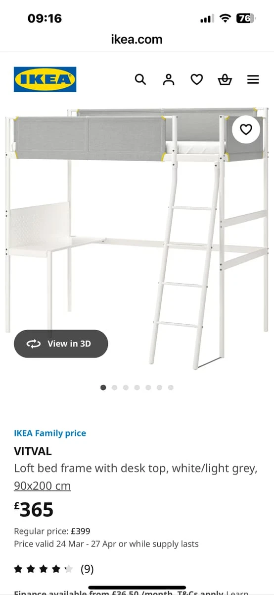 IKEA VITVAL Loft Bed Frame with Desk White/Light Grey 90x200 cm