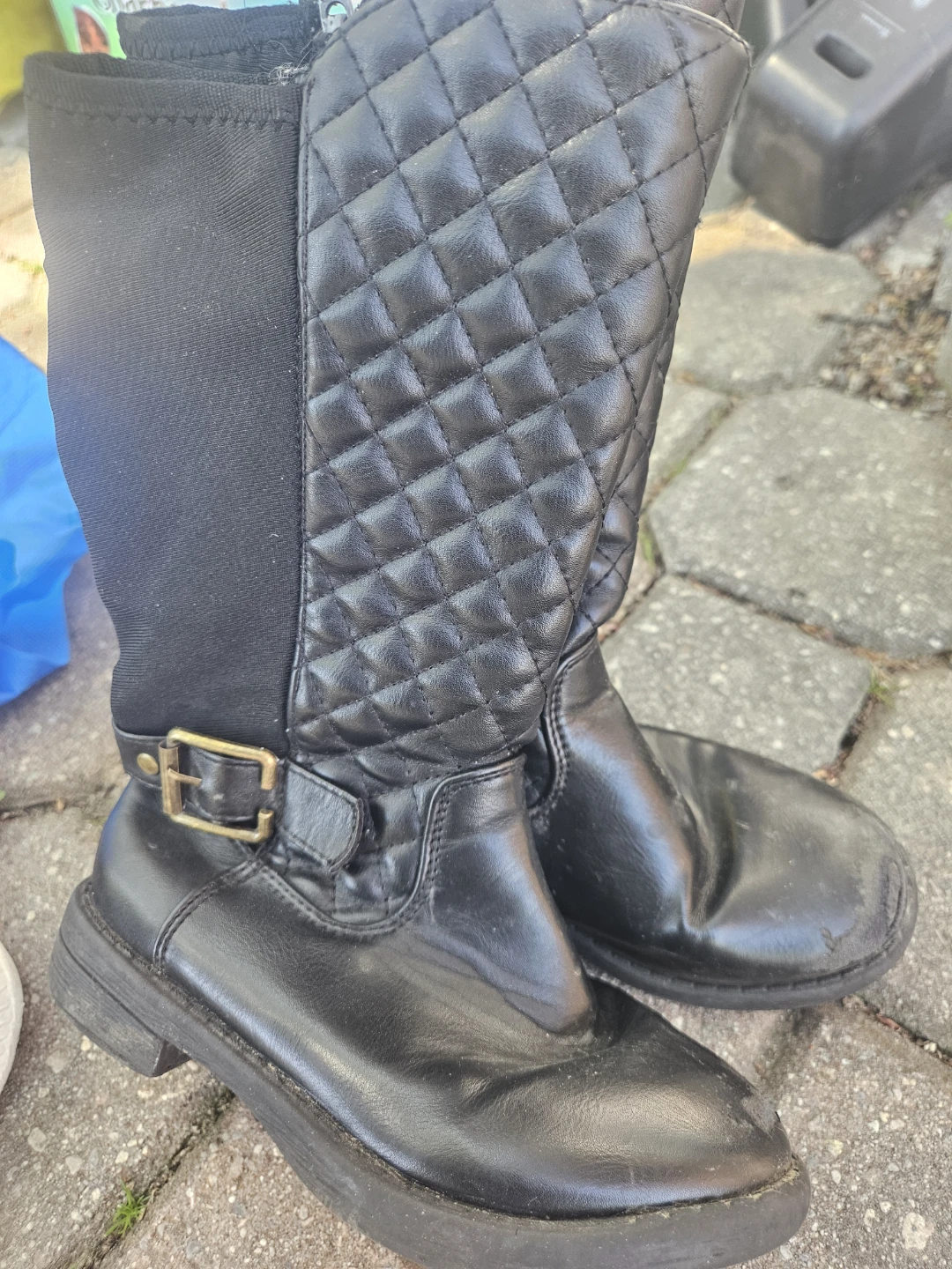 Black Quilted Tall Boots with Buckle Accent