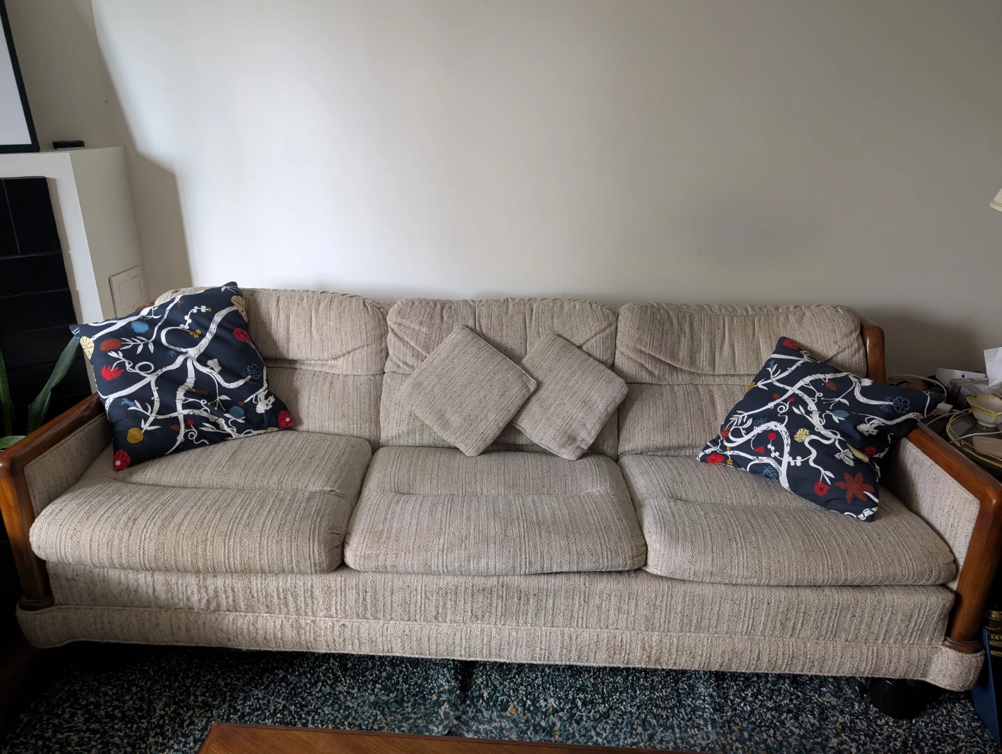 Cream Tweed Sofa with Wooden Accents