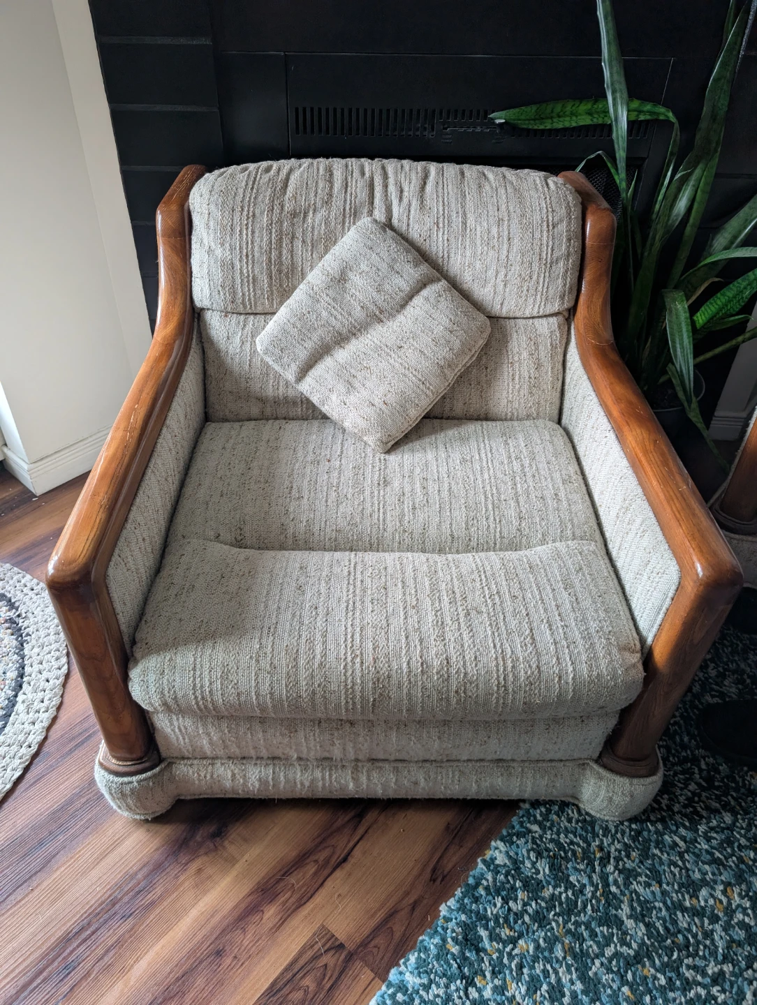 Cream Tweed Sofa with Wooden Accents - photo 2