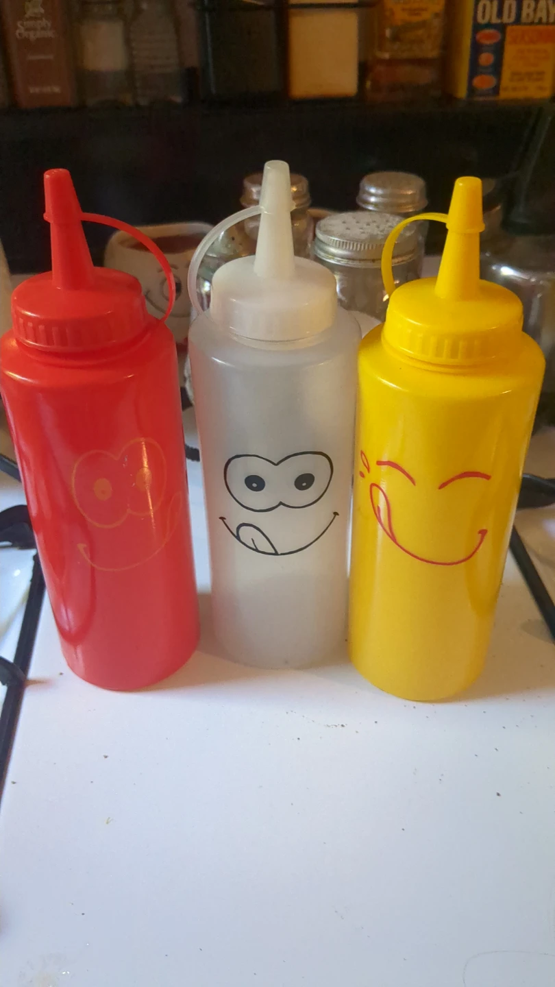 Set of 3 Squeeze Bottles - Red, Clear, Yellow