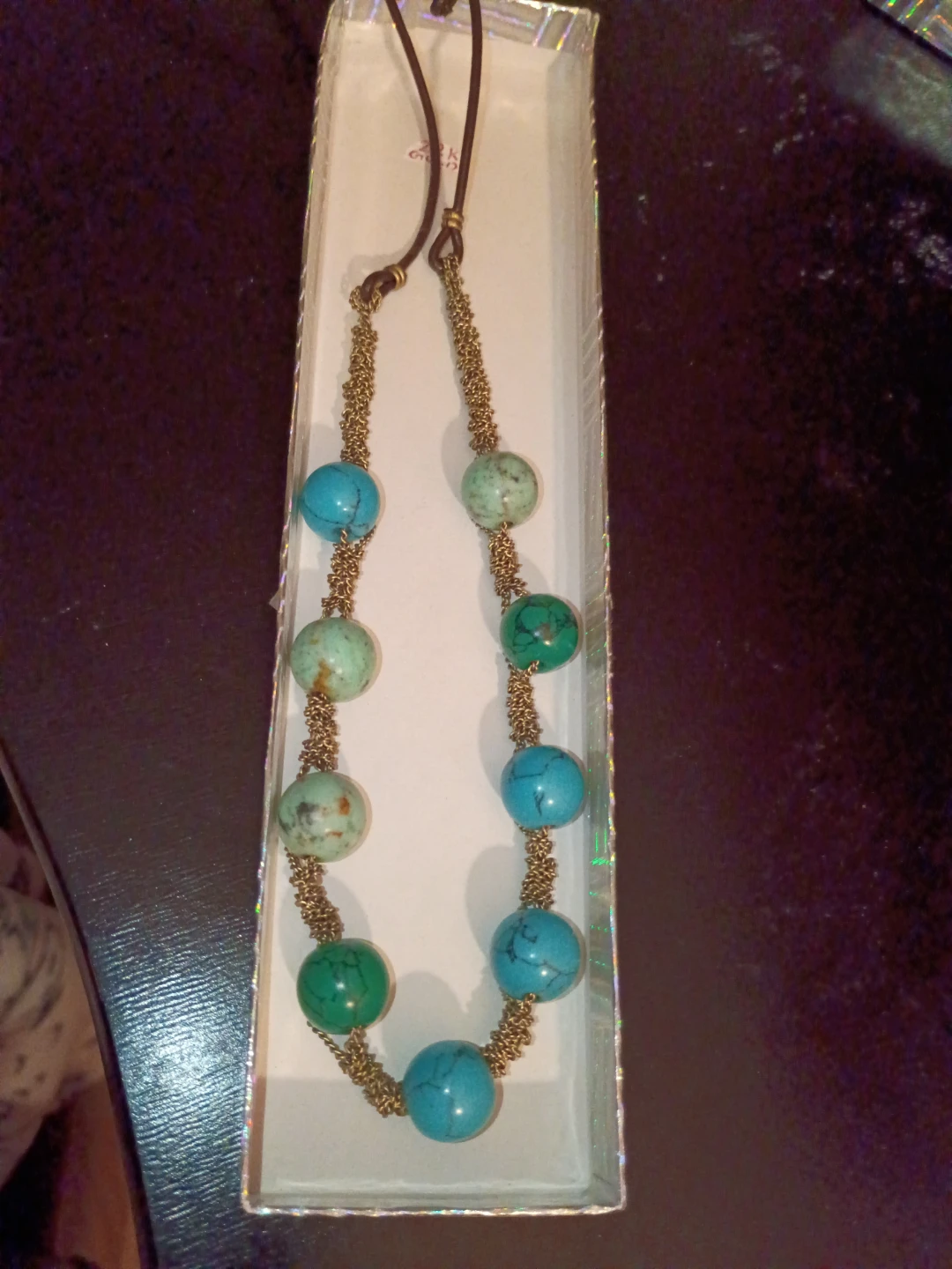 Turquoise and Green Beaded Necklace with Leather Cord
