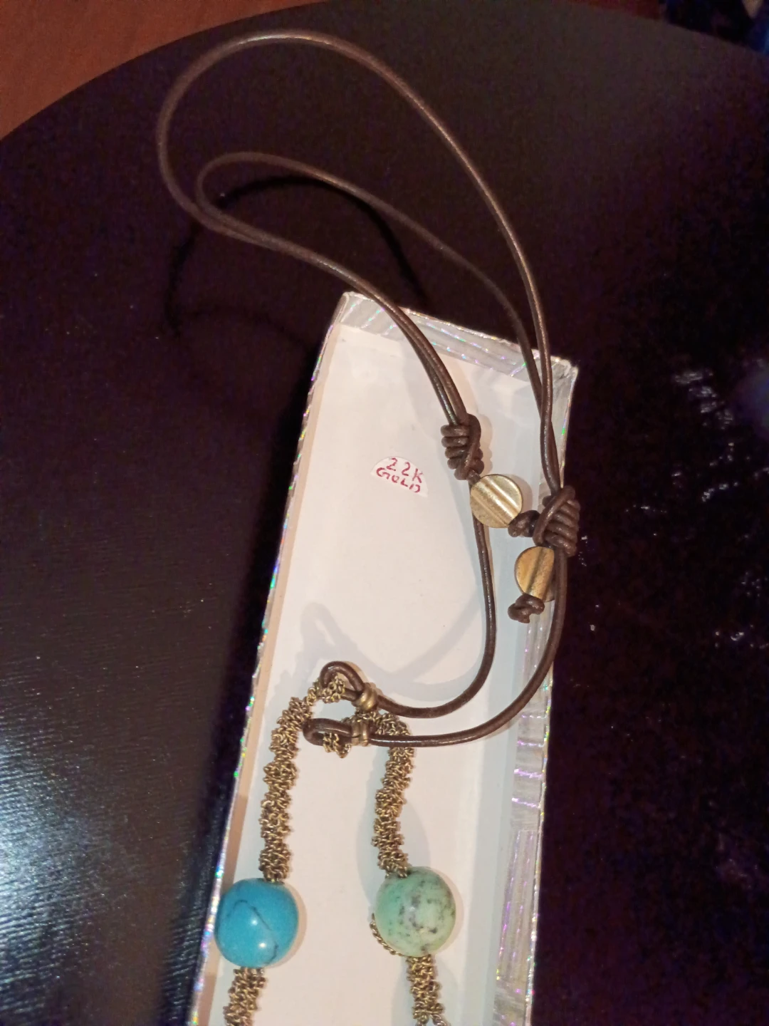 Turquoise and Green Beaded Necklace with Leather Cord - photo 2