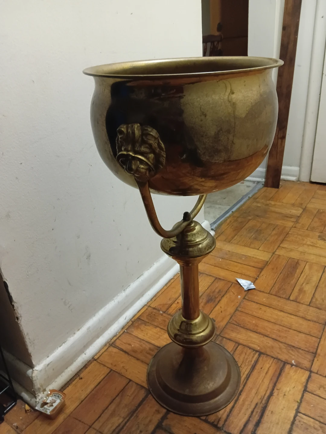 Vintage Brass Pedestal Bowl with Lion Head Detail