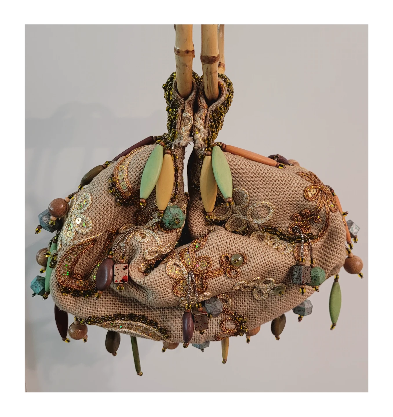 Mary Frances Handbag Embellished Jute with Bamboo Handles