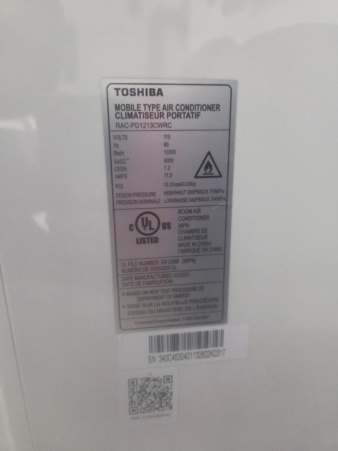 Toshiba RAC-PD1213CWRC Portable Air Conditioner - photo 3