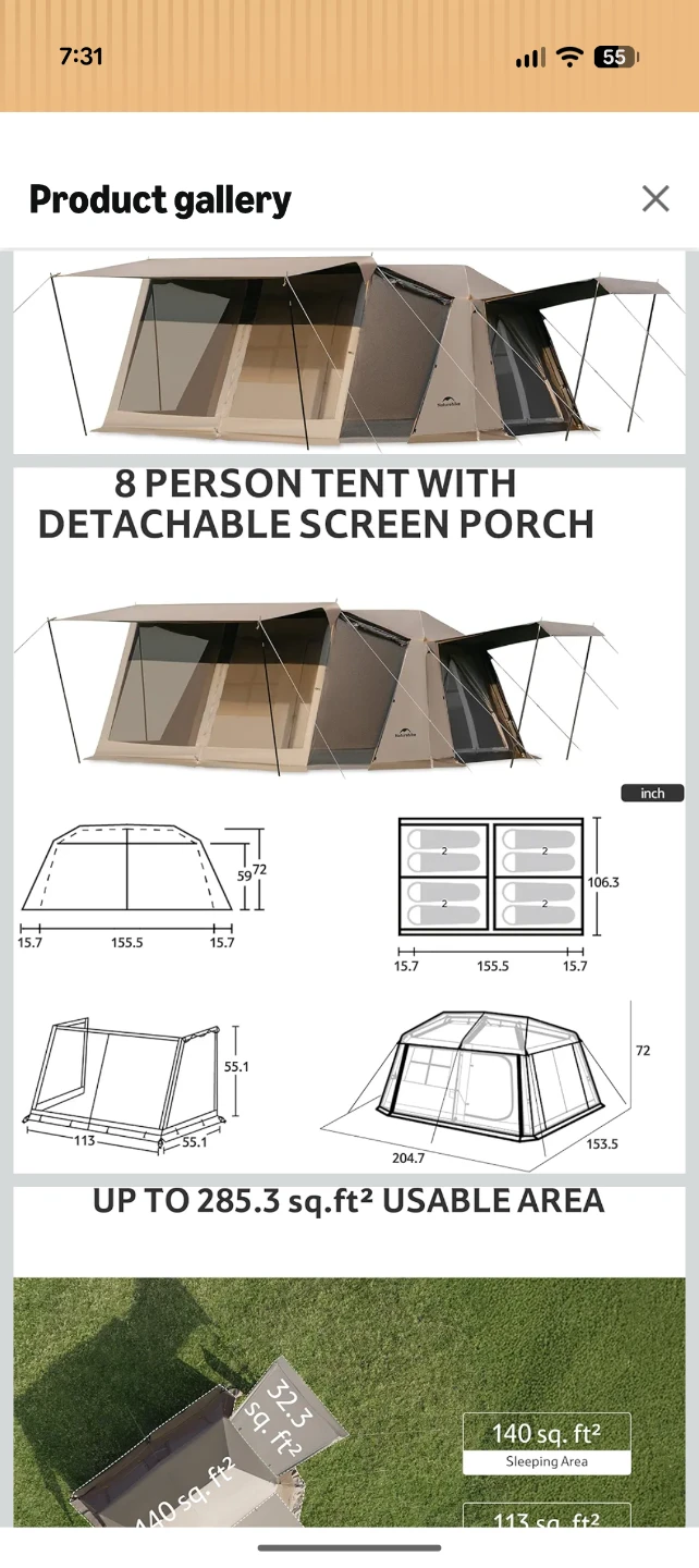 Naturehike 8 Person Tent with Detachable Screen Porch