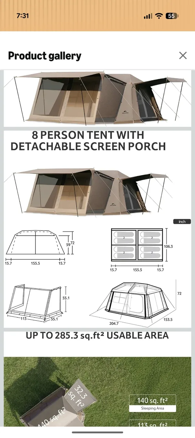 Naturehike 8 Person Tent with Detachable Screen Porch