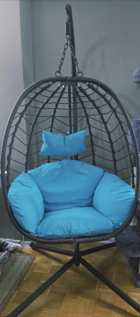 Hanging Egg Chair with Blue Cushions