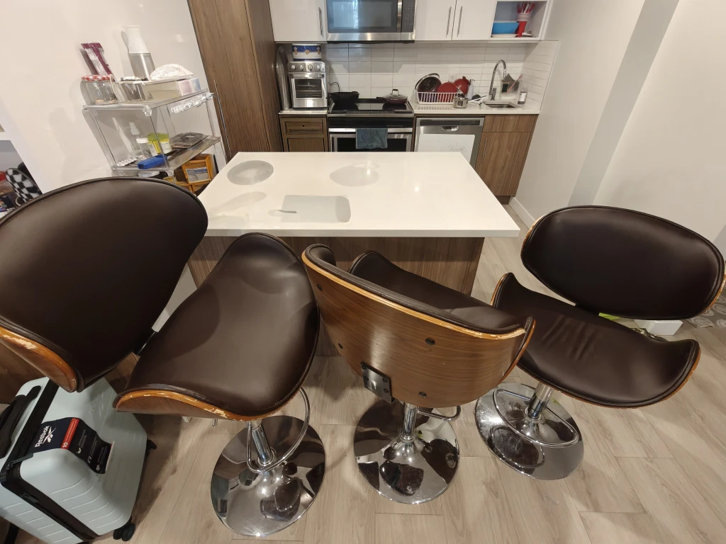 Set of 3 brown faux leather and wood bar stools - photo 2