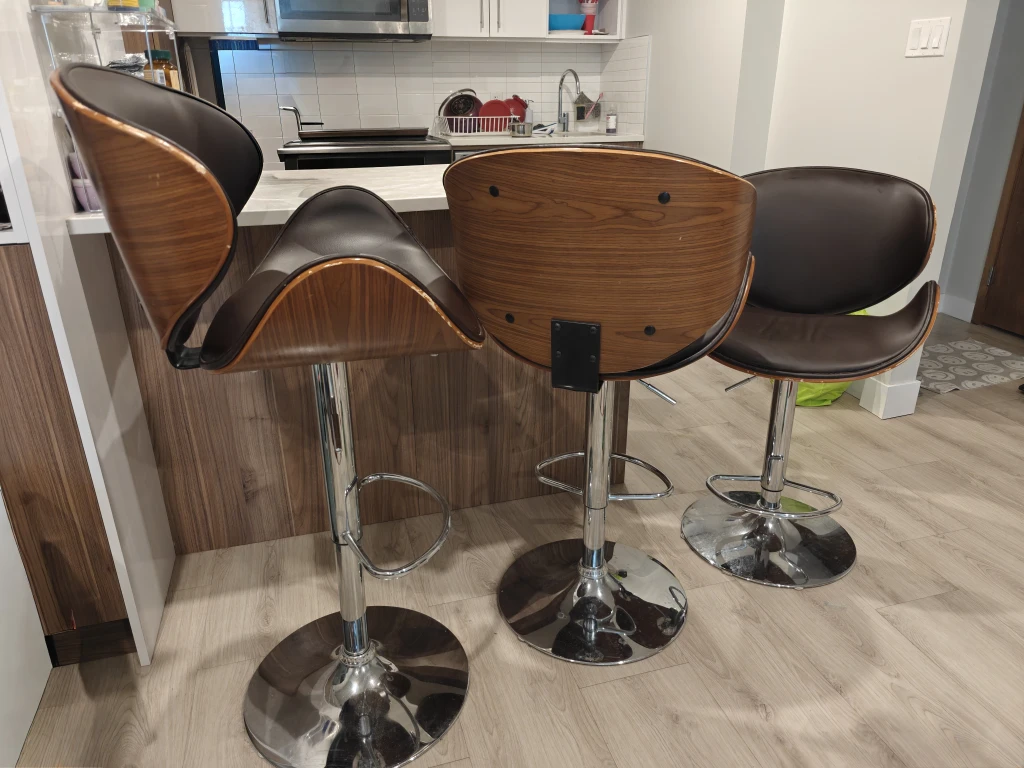 Set of 3 brown faux leather and wood bar stools - photo 4