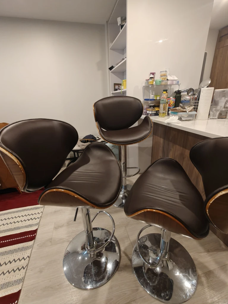 Set of 3 brown faux leather and wood bar stools