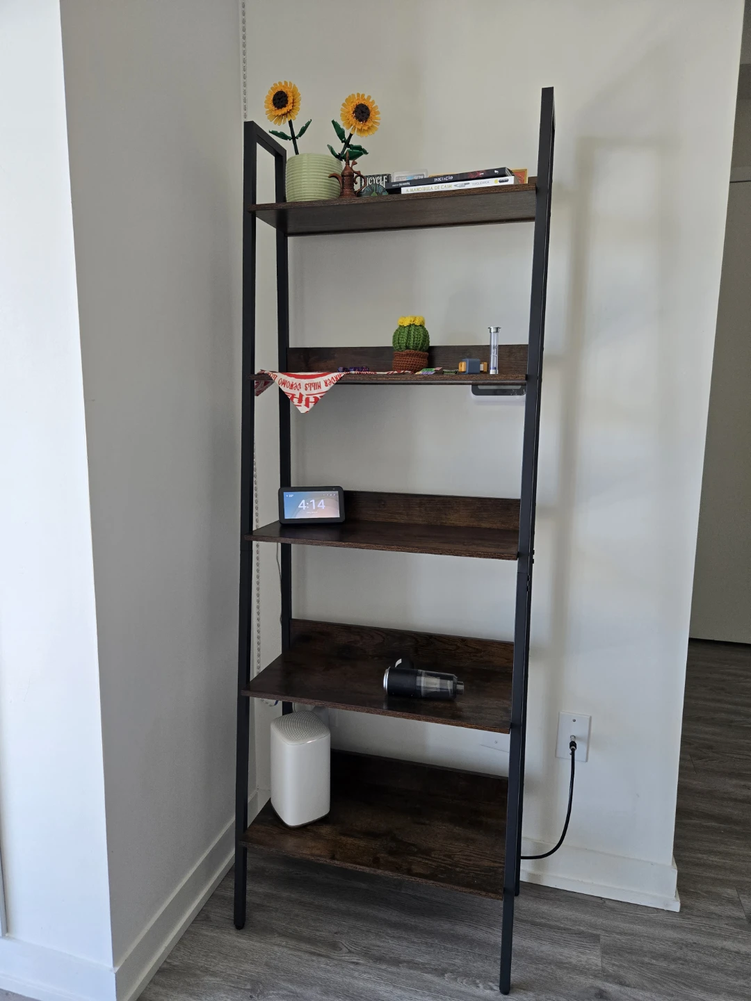 5-Tier Narrow Wooden and Metal Bookshelf