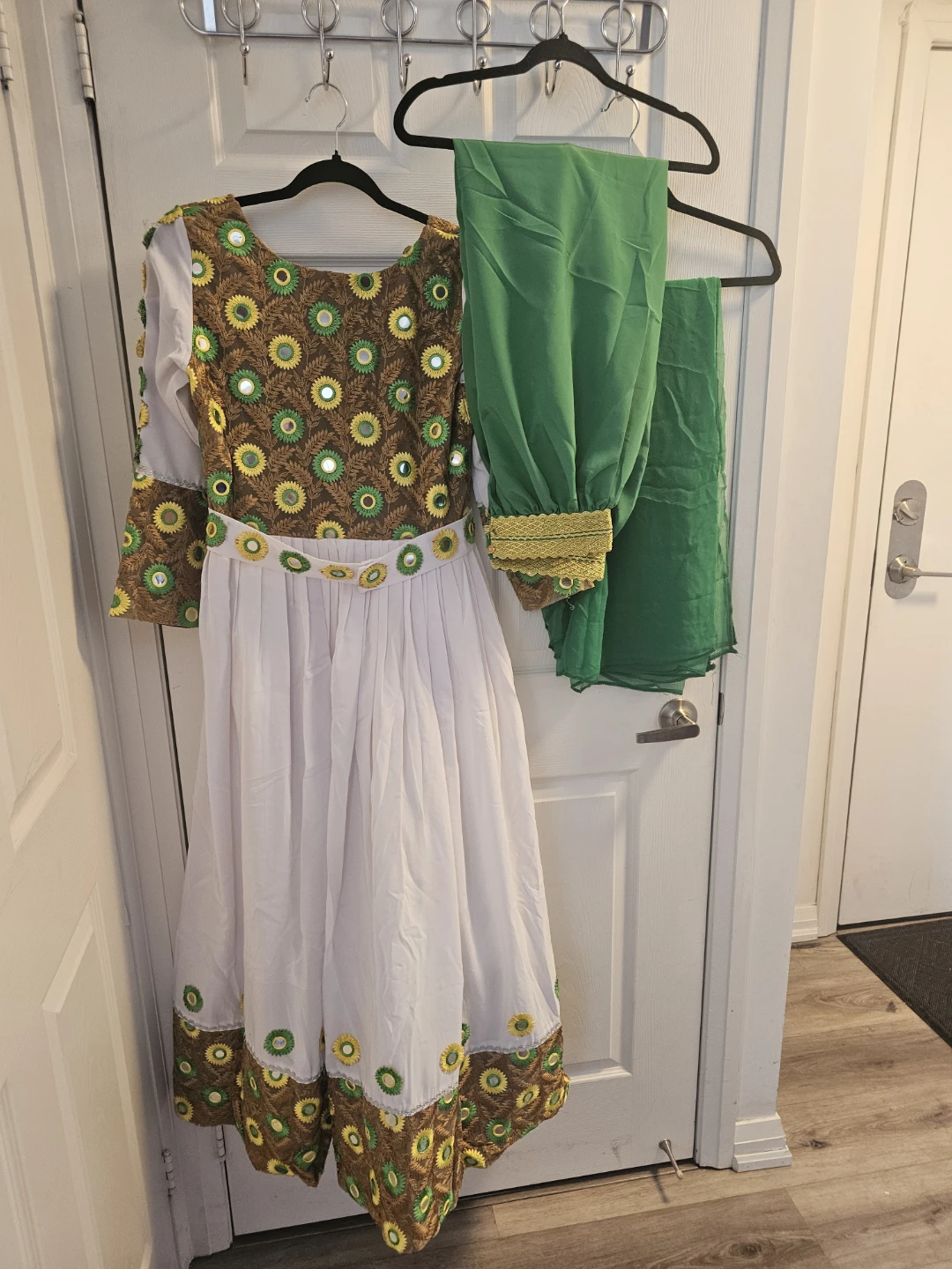 Embroidered White Dress with Green Dupatta