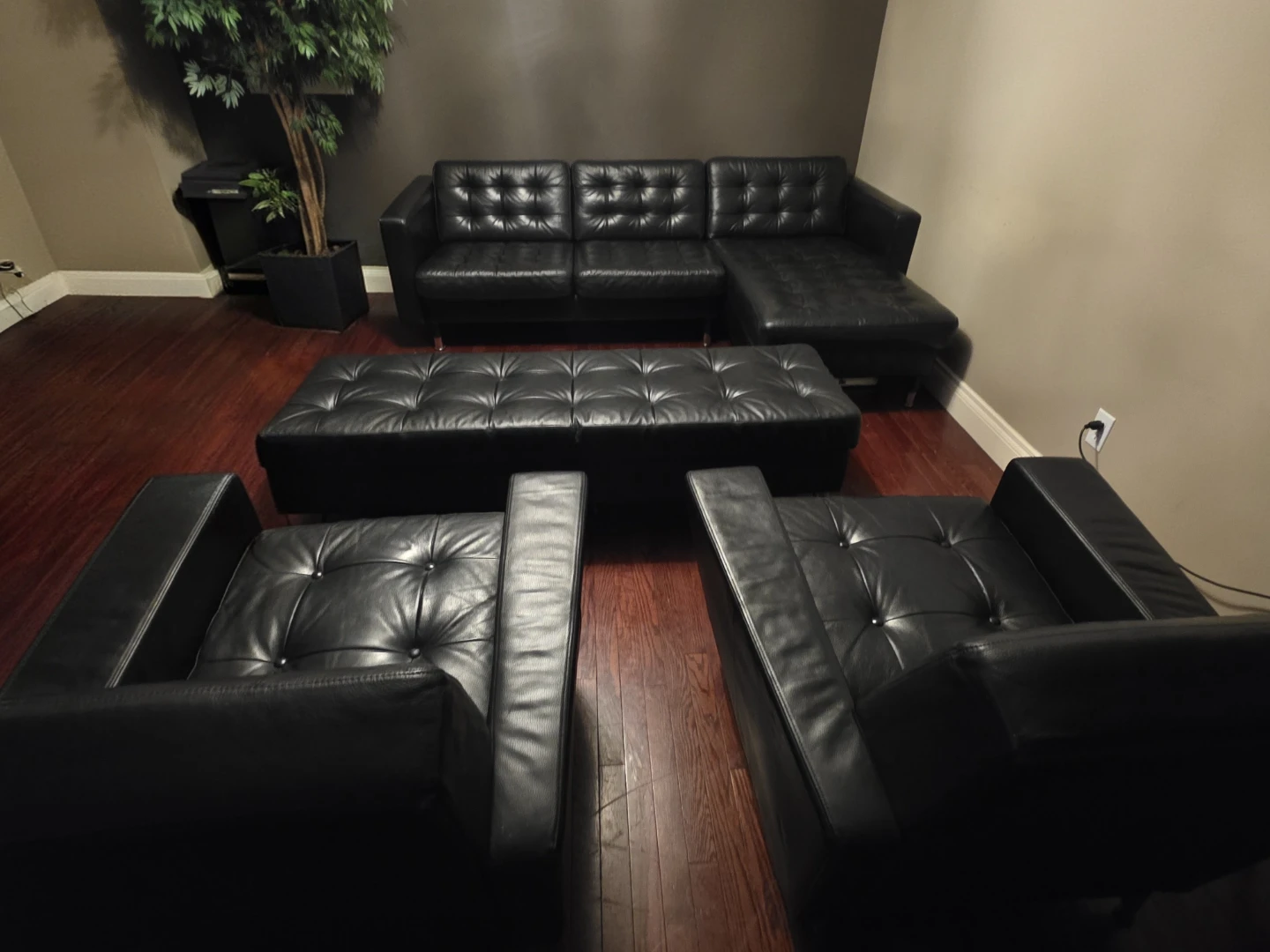 Black Tufted Leather Sofa Set with Ottoman and Chairs