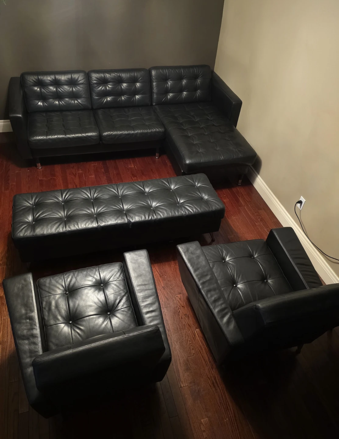 Black Tufted Leather Sofa Set with Ottoman and Chairs - photo 2