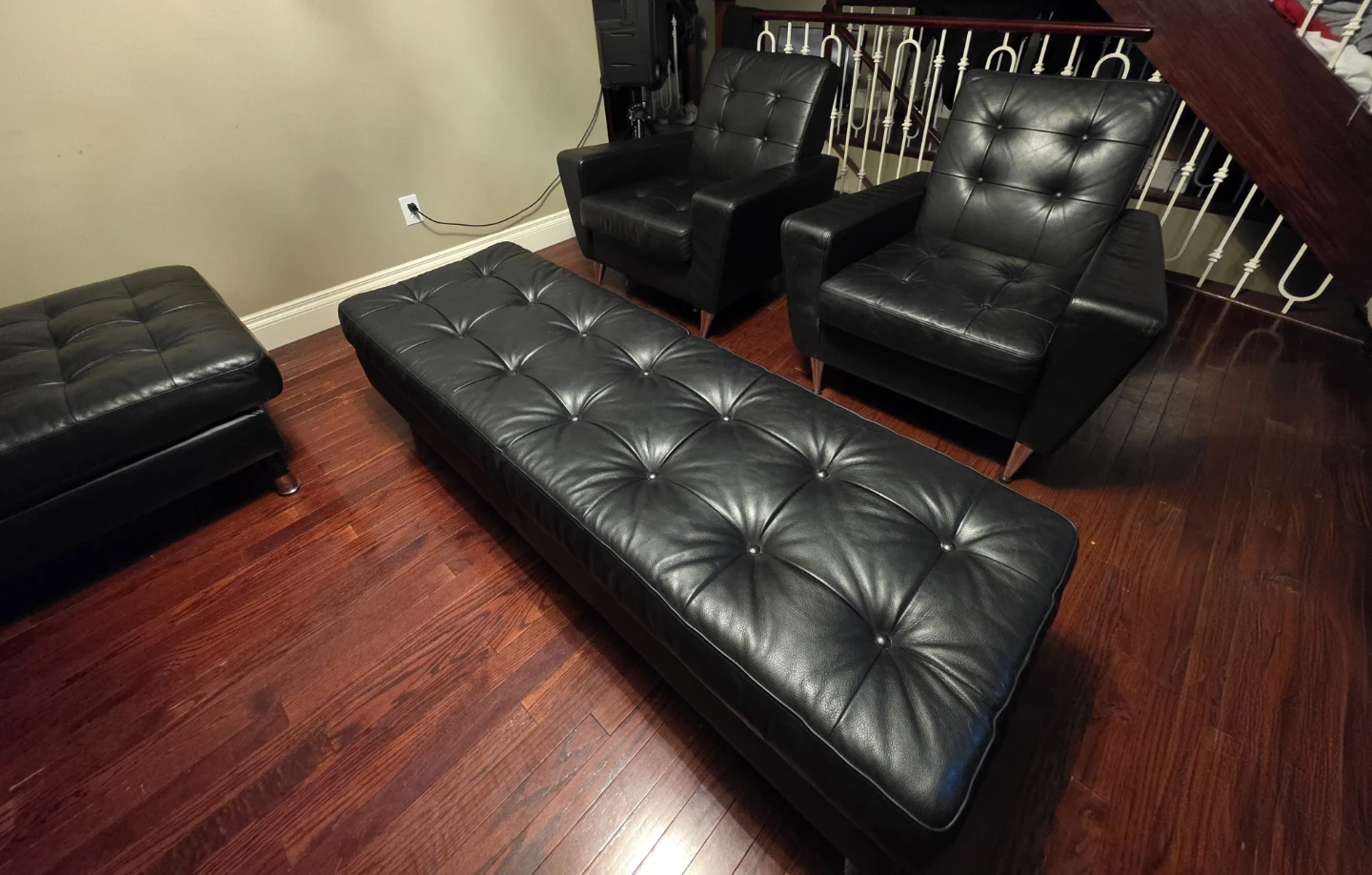 Black Tufted Leather Sofa Set with Ottoman and Chairs - photo 3