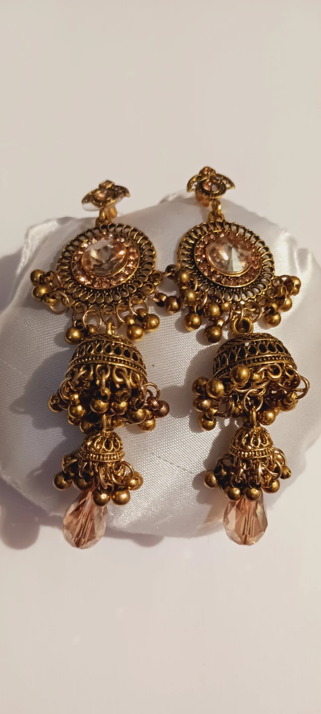 Gold Jhumka Earrings with Peach Gemstones - photo 4