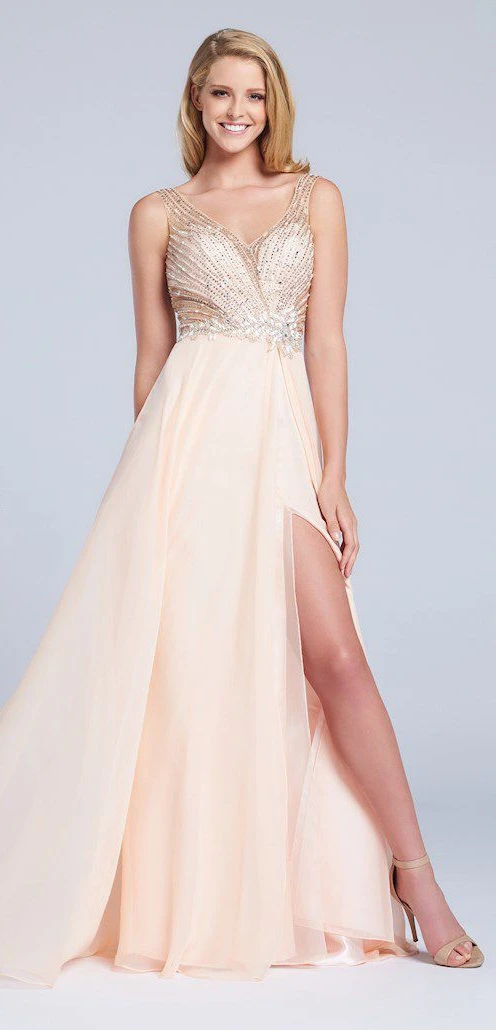 Prom - Sparkly Embellished Peach Formal Gown with Slit