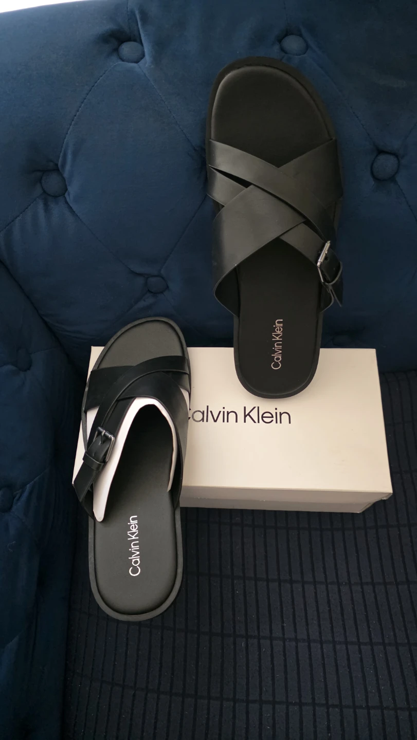 Calvin Klein Black Leather Criss-Cross Strap Sandals with Box
