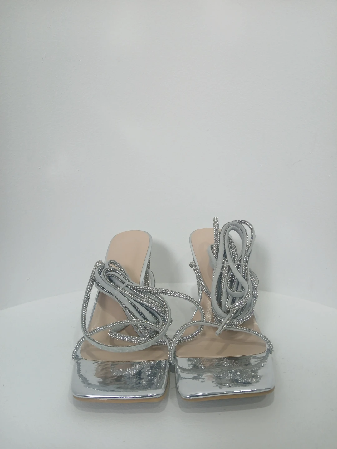 Silver Embellished Lace-Up Block Heels